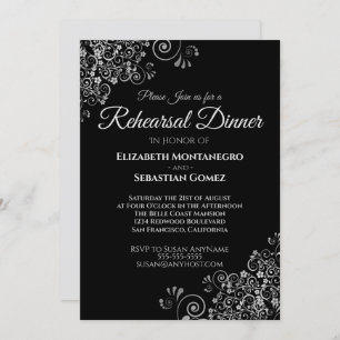 Silver Frills on Black Wedding Rehearsal Dinner Invitation