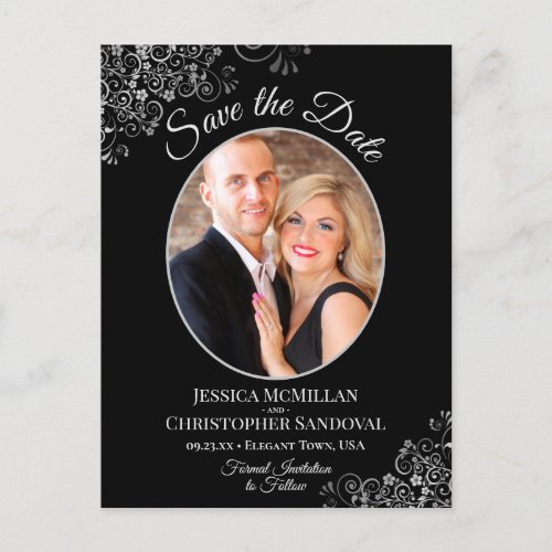 Silver Frills on Black Wedding Save the Date Photo Announcement Postcard