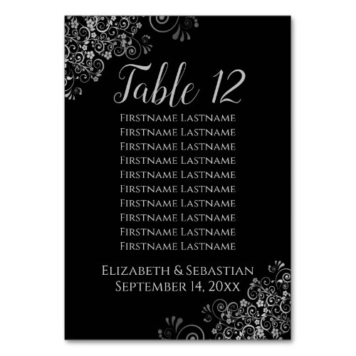 Silver Frills on Black Wedding Seating Chart Table Number