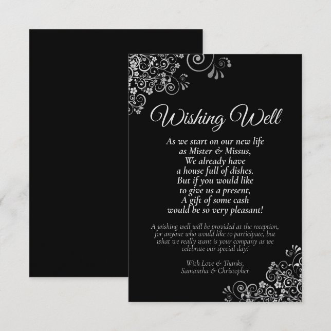 Silver Frills on Black Wedding Wishing Well Poem Enclosure Card (Front/Back)