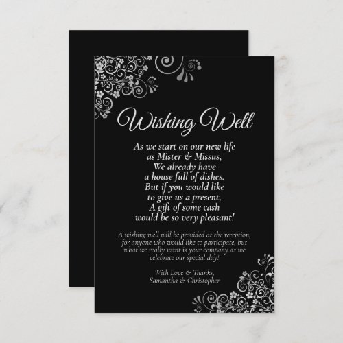 Silver Frills on Black Wedding Wishing Well Poem Enclosure Card