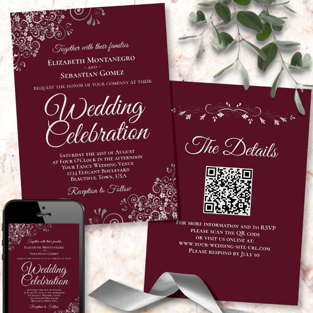 Silver Frills on Burgundy Elegant QR Code Wedding Invitation (Front/Back/Downloadable)