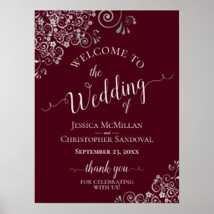 Silver Frills on Burgundy Elegant Wedding Welcome Poster