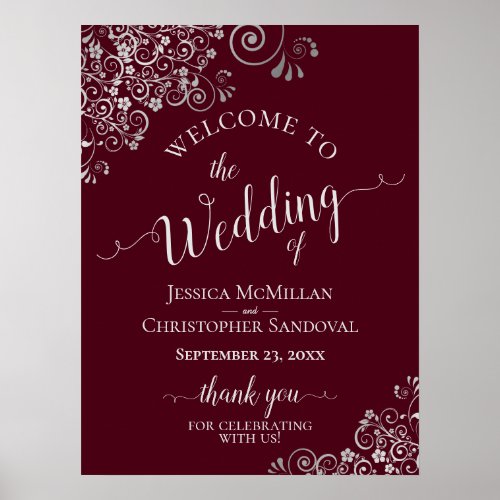 Silver Frills on Burgundy Elegant Wedding Welcome Poster