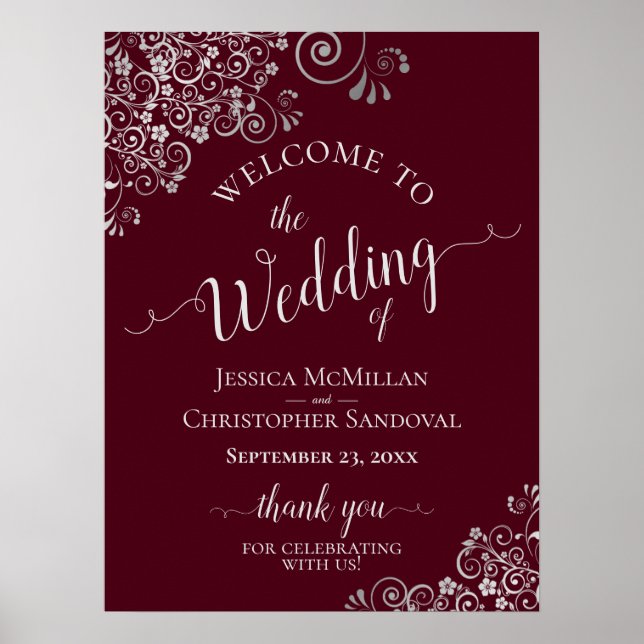 Silver Frills on Burgundy Elegant Wedding Welcome Poster (Front)