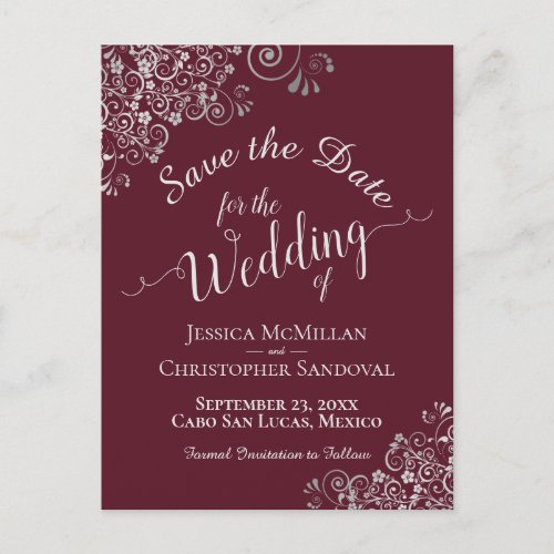 Silver Frills on Burgundy Wedding Save the Date Announcement Postcard
