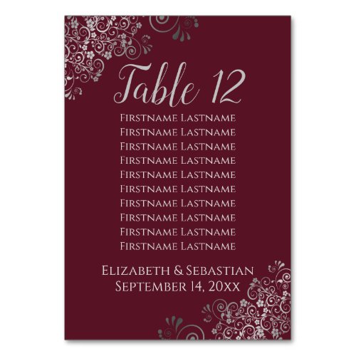 Silver Frills on Burgundy Wedding Seating Chart Table Number