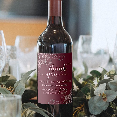 Silver Frills on Burgundy Wedding Thank You Wine Label