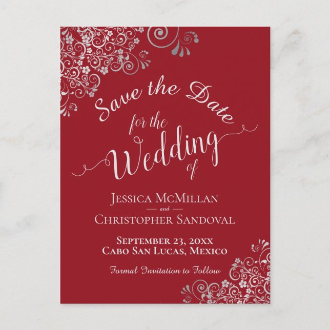 Silver Frills on Crimson Red Wedding Save the Date Announcement Postcard (Front)
