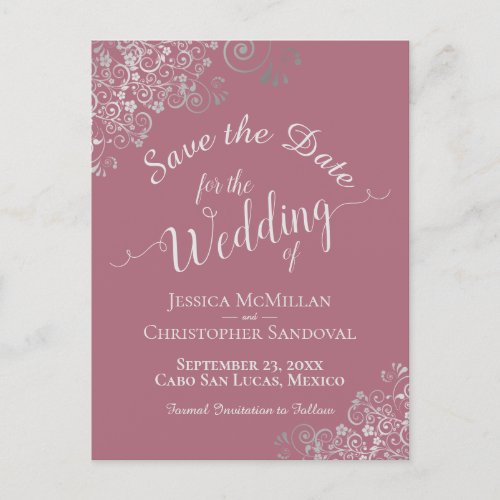 Silver Frills on Dusty Rose Wedding Save the Date Announcement Postcard