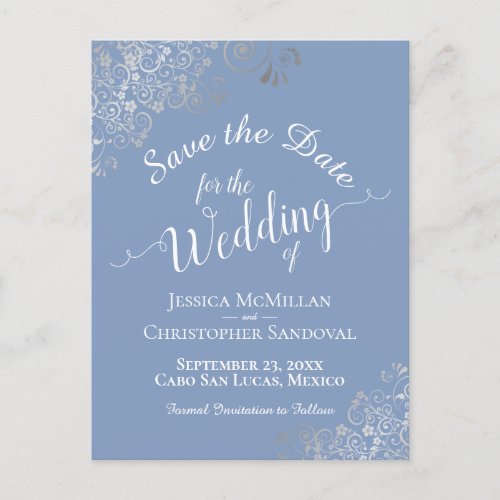 Silver Frills on Light Blue Wedding Save the Date Announcement Postcard