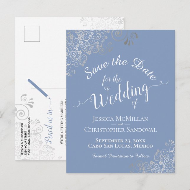 Silver Frills on Light Blue Wedding Save the Date Announcement Postcard (Front/Back)