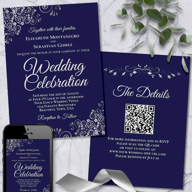 Silver Frills on Navy Blue Elegant QR Code Wedding Invitation | Zazzle