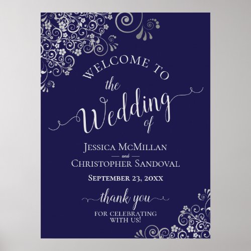 Silver Frills on Navy Blue Elegant Wedding Welcome Poster