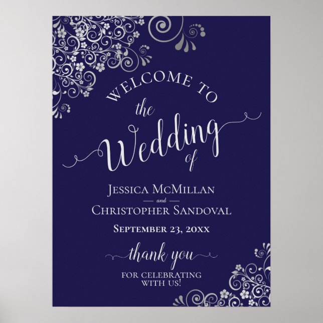Silver Frills on Navy Blue Elegant Wedding Welcome Poster (Front)