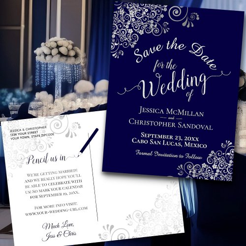 Silver Frills on Navy Blue Wedding Save the Date Announcement Postcard