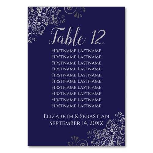 Silver Frills on Navy Blue Wedding Seating Chart Table Number