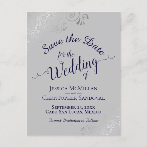 Silver Frills on Navy  Gray Wedding Save the Date Announcement Postcard