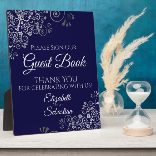 Silver Frills on Navy Sign Our Guest Book Wedding Plaque