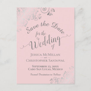 Silver Frills on Pale Pink Wedding Save the Date Announcement Postcard