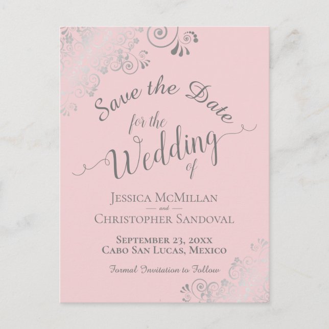 Silver Frills on Pale Pink Wedding Save the Date Announcement Postcard (Front)