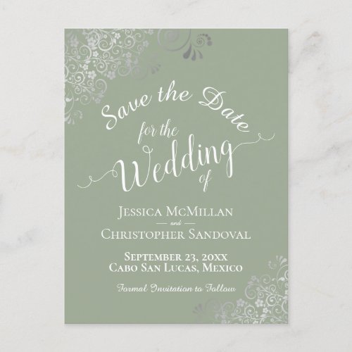 Silver Frills on Sage Green Wedding Save the Date Announcement Postcard