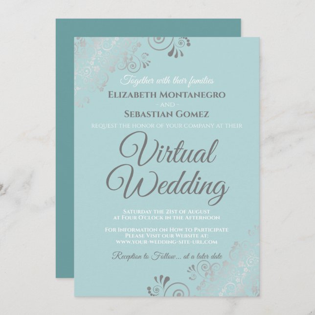 Silver Frills Pale Teal and Gray Virtual Wedding Invitation (Front/Back)