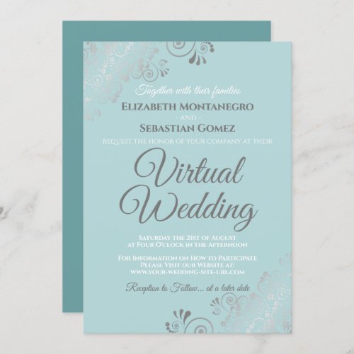 Silver Frills Pale Teal and Gray Virtual Wedding Invitation