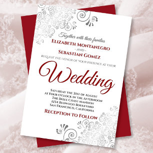 Silver Frills Red & Gray on White Wedding Invitation