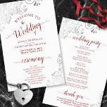 Silver Frills Red on White Budget Wedding Program<br><div class="desc">These wedding programs are elegant and tasteful, while still being budget friendly. The design features ornate silver gray faux foil curls and swirls with crimson red text on a white background. The typography features lacy script calligraphy, and there is room for details on the ceremony, the bridal party, and a...</div>