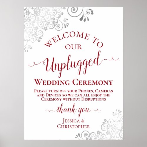 Silver Frills Red Text Unplugged Wedding Ceremony Poster