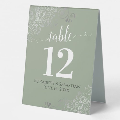 Silver Frills Sage Green Wedding Table Number Table Tent Sign