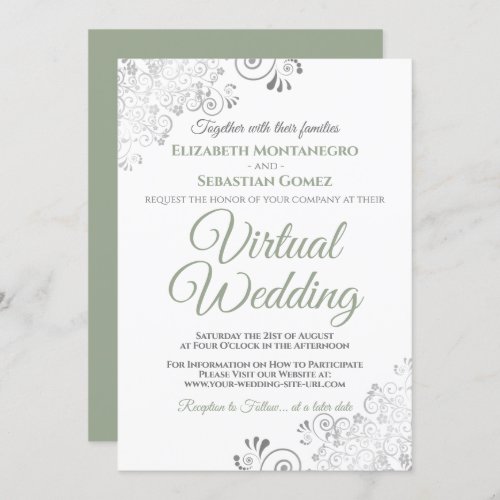 Silver Frills Sage Green  White Virtual Wedding Invitation