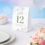 Silver Frills Sage on White Wedding Table Number Paper Table Tent<br><div class="desc">These beautiful table tent signs will make it easy for your guests to find their tables at your wedding reception. The elegant sage green and white design features lacy script calligraphy with ornate floral curls and swirls in the corners. There is space for the names of the couple and the...</div>