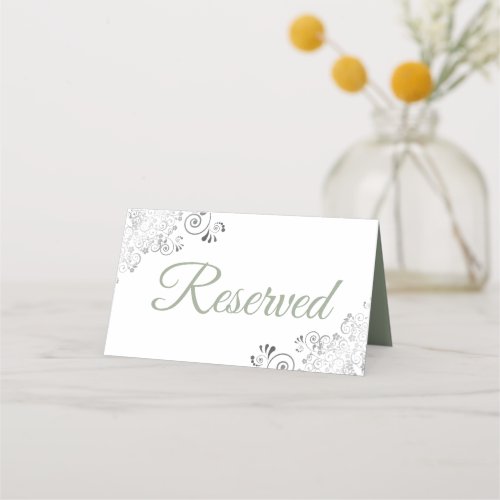 Silver Frills Sage White Elegant Wedding Reserved Place Card