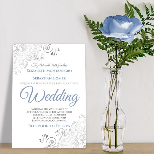 Silver Frills Simple Chic Blue and Gray Wedding Invitation