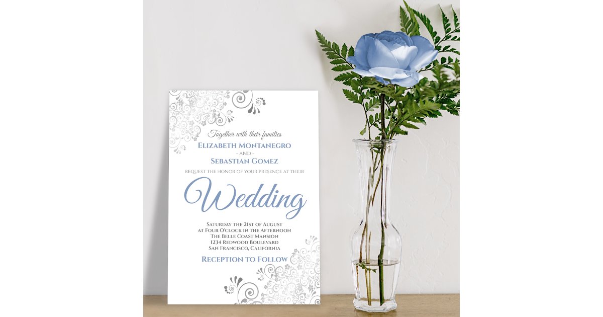 Silver Frills Simple Chic Blue and Gray Wedding Invitation | Zazzle