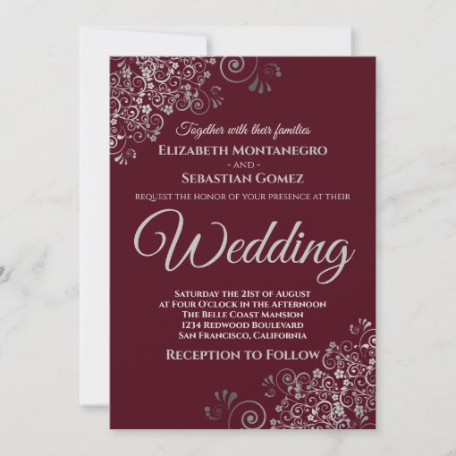 Silver Frills Simple Chic Burgundy Wedding Invitation | Zazzle