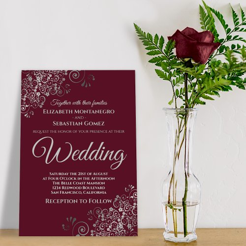 Silver Frills Simple Chic Burgundy Wedding Invitation