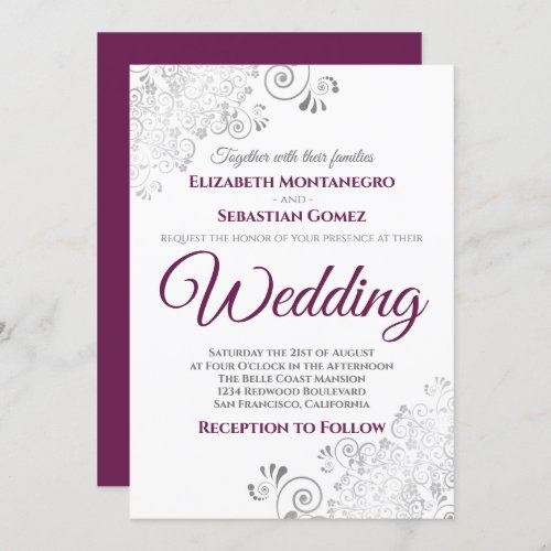 Silver Frills Simple Chic Cassis  Gray Wedding Invitation