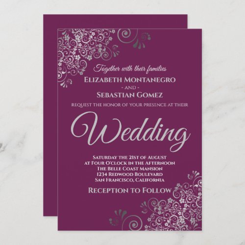 Silver Frills Simple Chic Cassis Purple Wedding Invitation