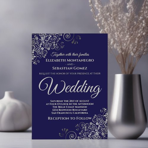 Silver Frills Simple Chic Navy Blue Wedding Invitation