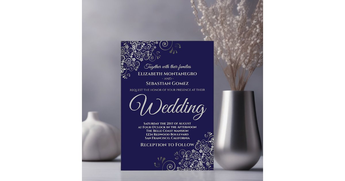 Silver Frills Simple Chic Navy Blue Wedding Invitation | Zazzle