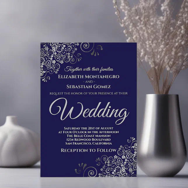 Silver Frills Simple Chic Navy Blue Wedding Invitation | Zazzle