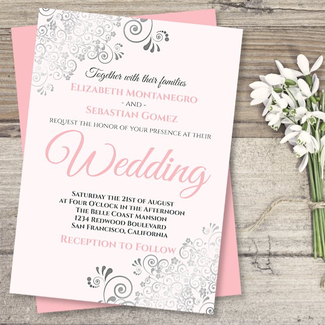 Silver Frills Simple Chic Pink and Gray Wedding Invitation (Creator Uploaded)