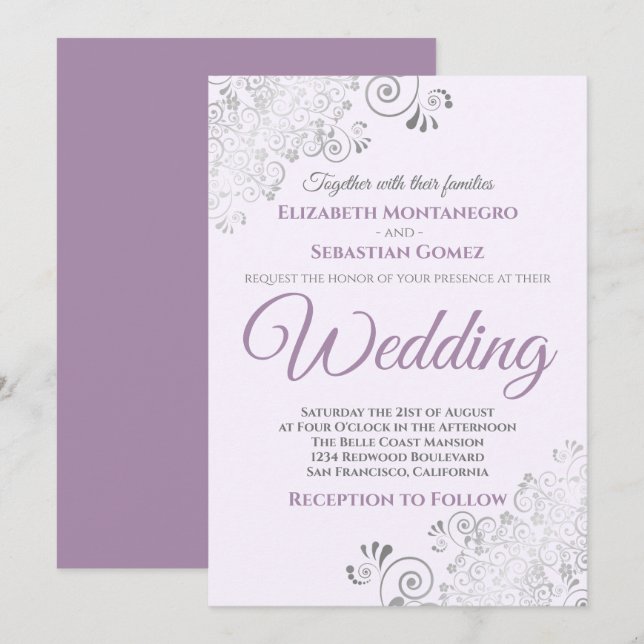 Silver Frills Simple Chic Purple and Gray Wedding Invitation (Front/Back)