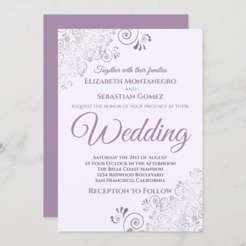 Silver Frills Simple Chic Purple and Gray Wedding Invitation