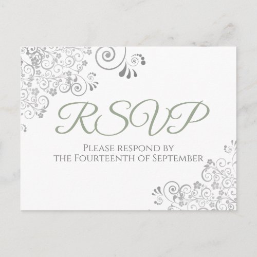 Silver Frills Simple Chic Sage Green Wedding RSVP Postcard