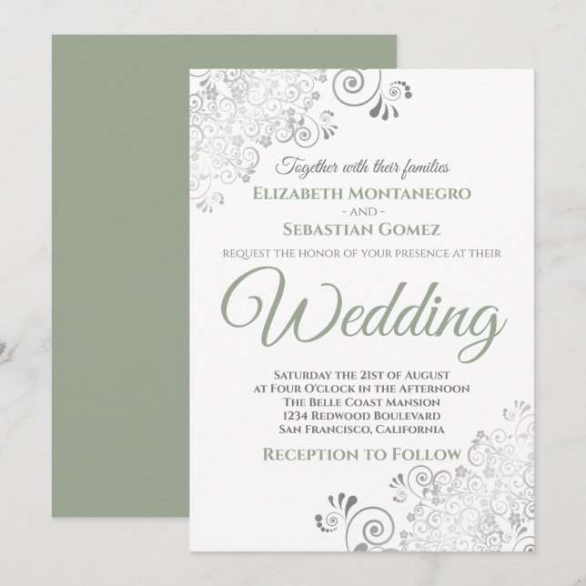 Silver Frills Simple Chic Sage Green White Wedding Invitation (Front/Back)