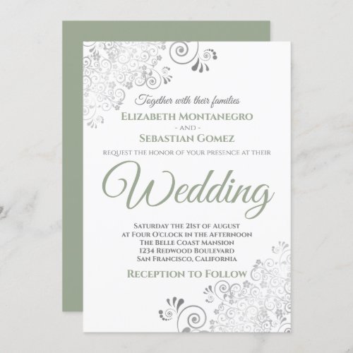 Silver Frills Simple Chic Sage Green White Wedding Invitation